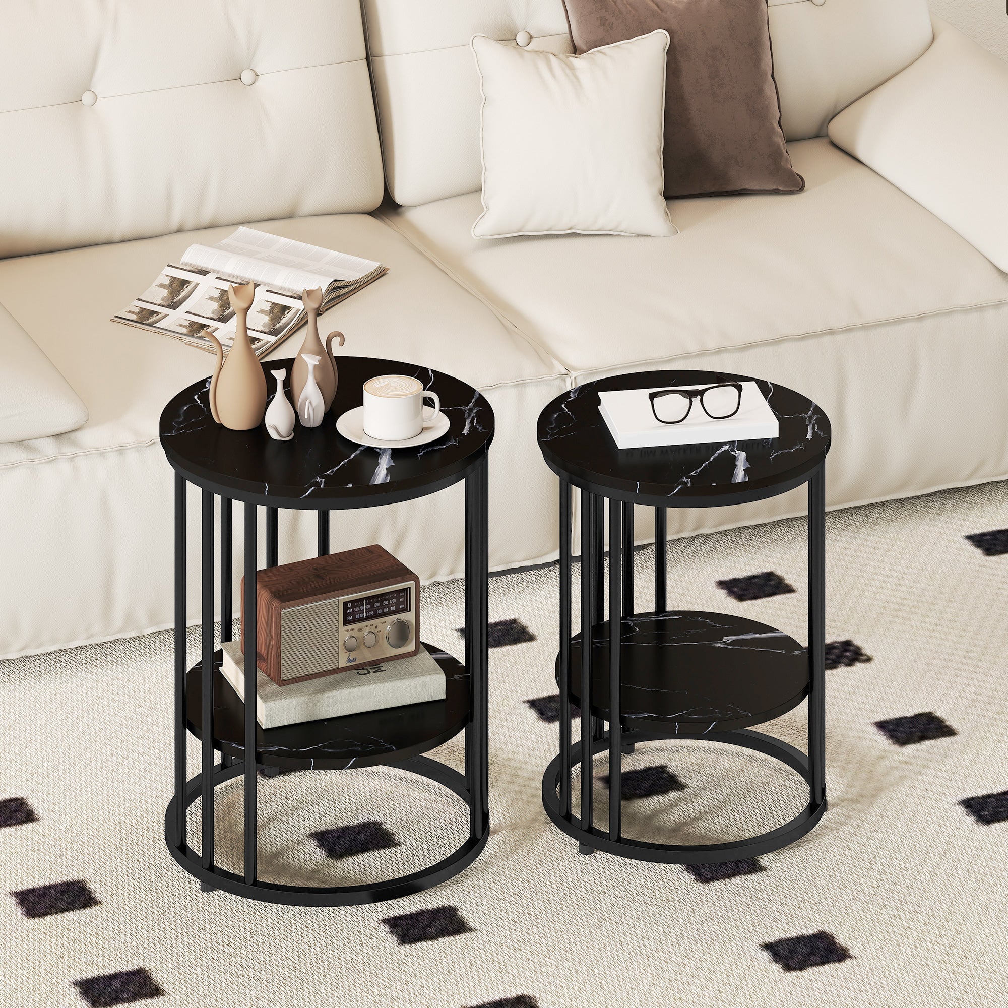 Set of Two Marble-Effect Coffee Tables - Black