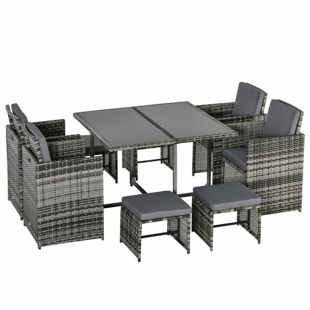 Grey 8-seater rattan cube dining set with square glass table, four chairs and four footstools