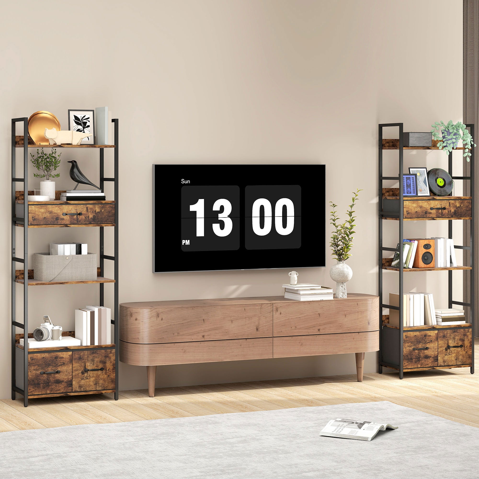 Industrial Style Bookcase, with 4 Shelves and 3 Fabric Drawers - Brown/Black