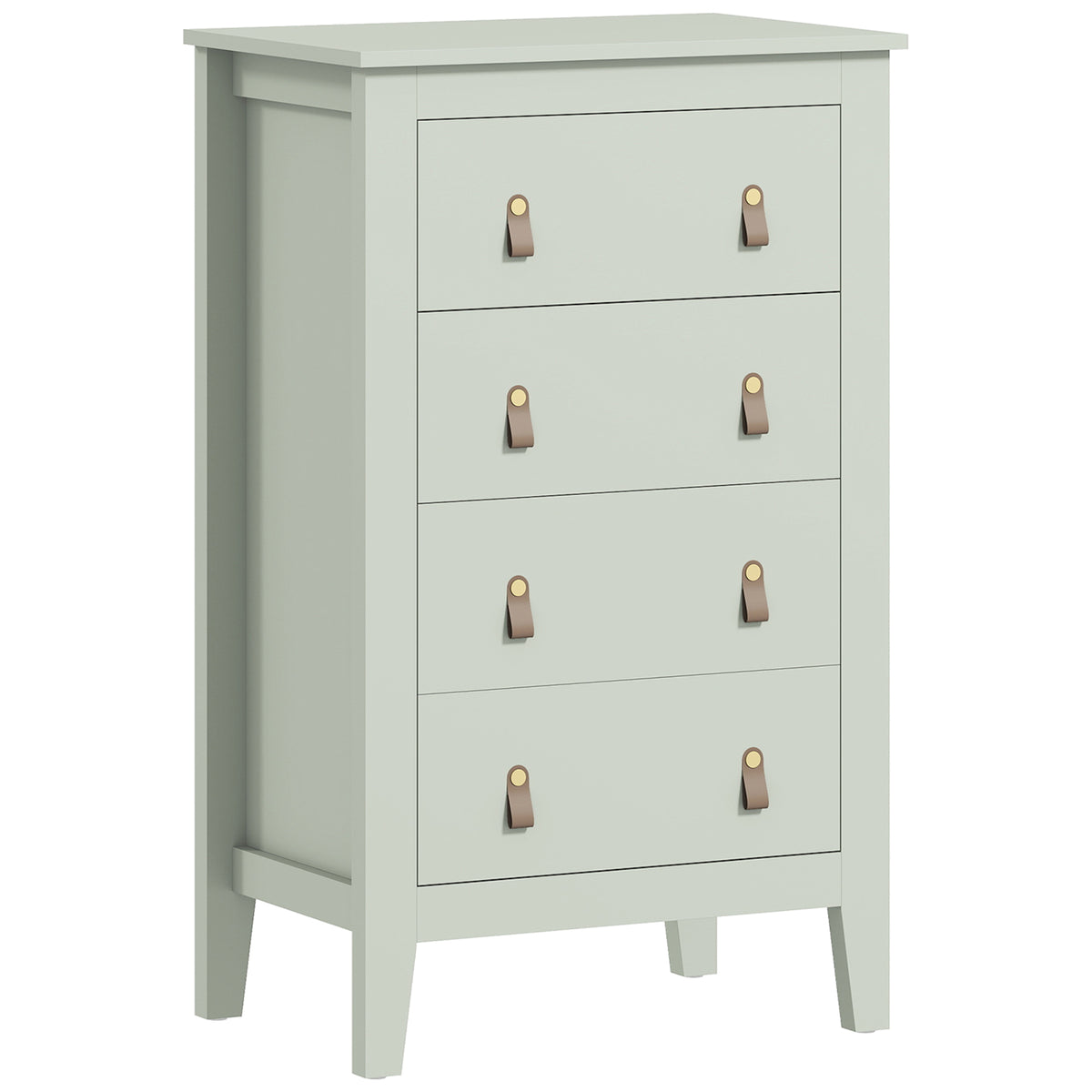 Green chest of four drawers with faux leather handles