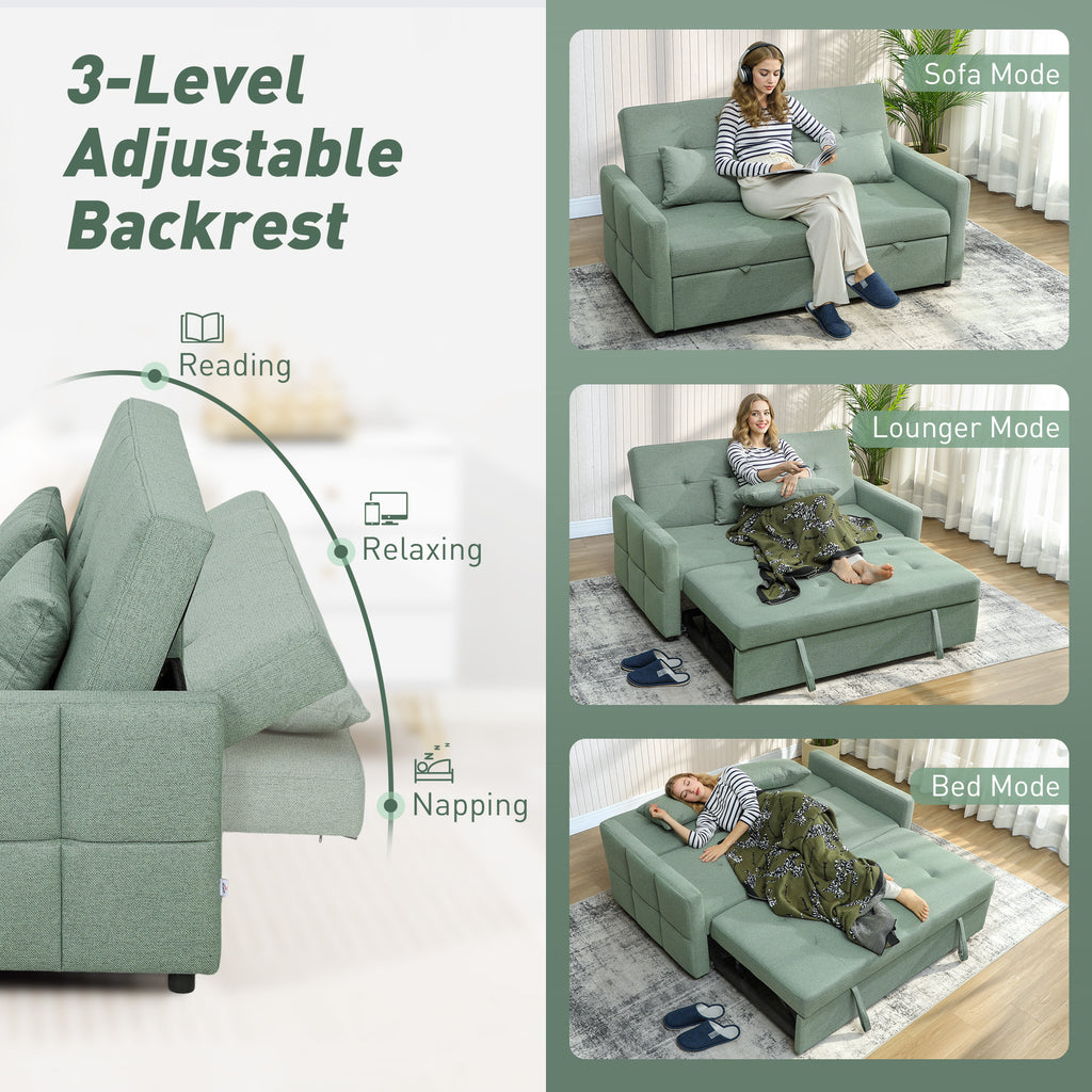 Three-Way 2 Seater Sofa Bed with Three-position back and Two Soft Pillows - Green