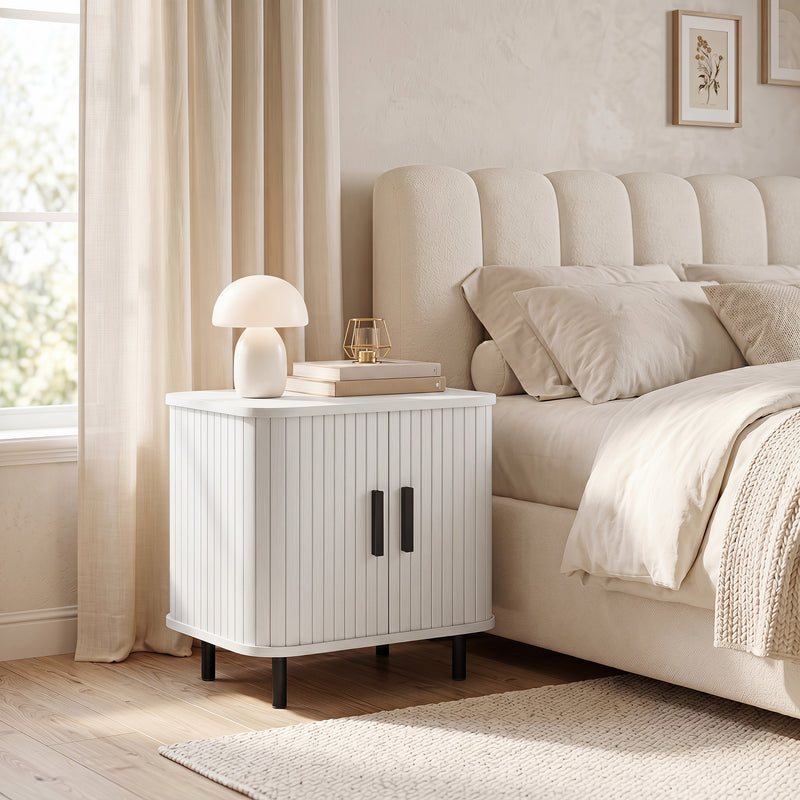 HOMCOM Nightstand with Sliding Doors and Metal Legs White Wood Effect – view 9