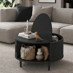 Coffee Table with Lift Top and Hidden Storage, Round Centre Table with Fluted Sliding Door, 80 cm, Black Wood Effect
