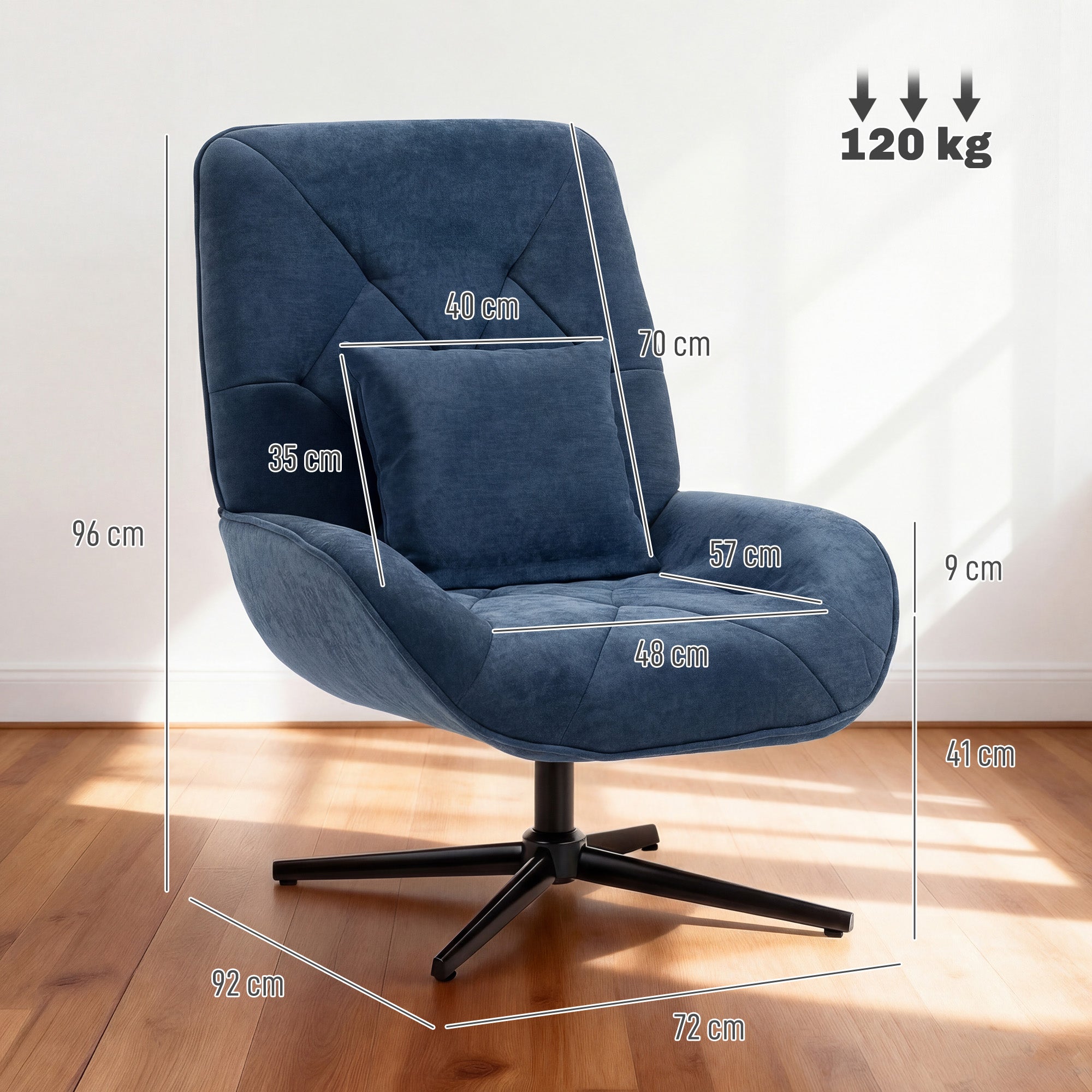 Accent Chair, Chenille Upholstered Swivel Armchair with Lumbar Pillow, High Back, Deep Seat and Metal Legs, Dark Blue