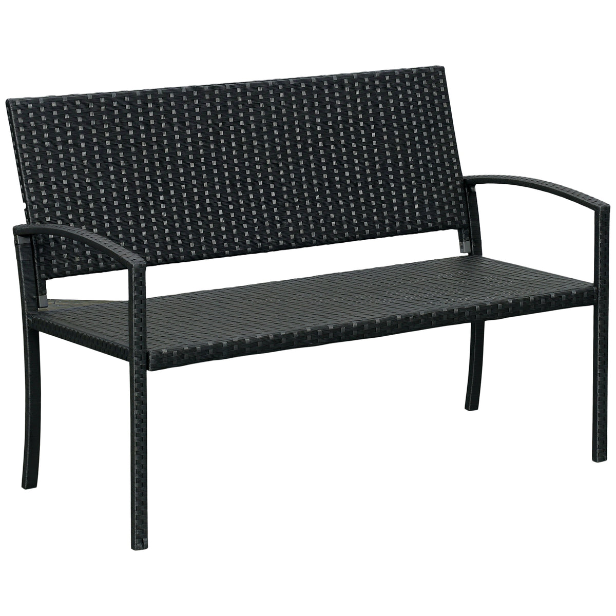 Black PE rattan 2-seater garden bench with metal frame, high back and armrests