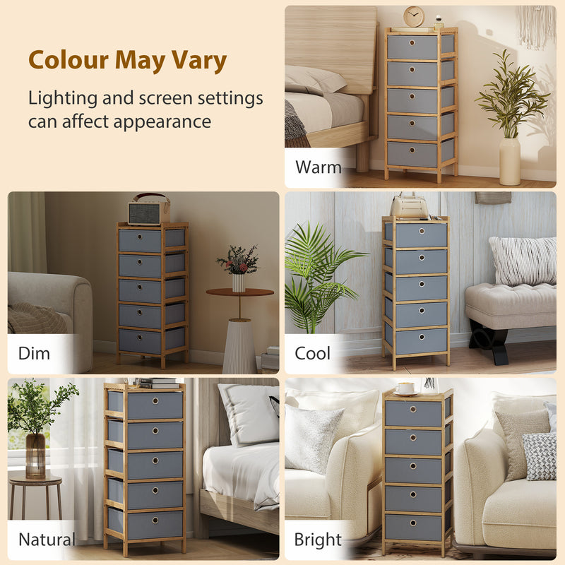 HOMCOM Chest of Drawers, 5 Fabric Drawers Narrow Dresser with Bamboo Frame, Light Grey – view 9
