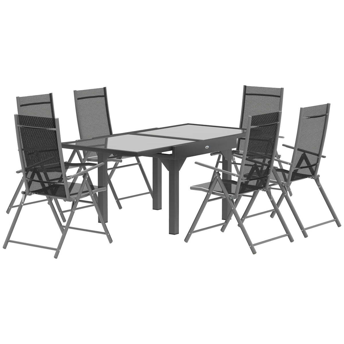 Grey 7-piece garden dining set with extendable glass-top table and six folding texteline chairs