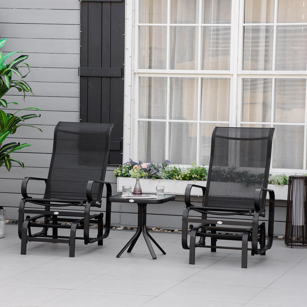 Outsunny 3 Pieces Garden Gliding Chair Set, Metal Frame 2 Single Armchair Swing Seater and 1 Glass Top Coffee Table w/ – view 2