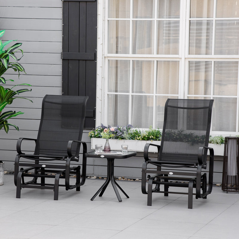 Outsunny 3 Pieces Garden Gliding Chair Set, Metal Frame 2 Single Armchair Swing Seater and 1 Glass Top Coffee Table w/ – view 2