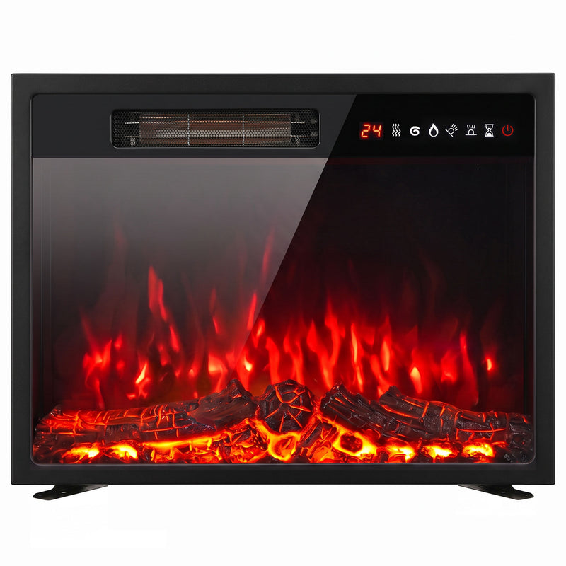 Black recessed electric fire insert with glowing LED flame effect and ember bed