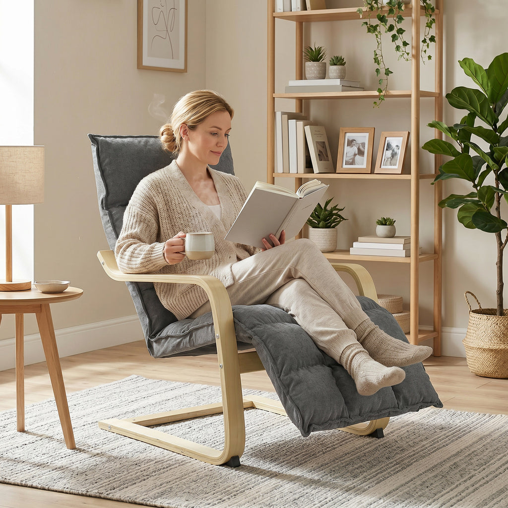 Modern Accent Chair, Leisure Lounge Chair Armchair with Footrest, Plush Cushion, Curved Legs and Arms, Grey