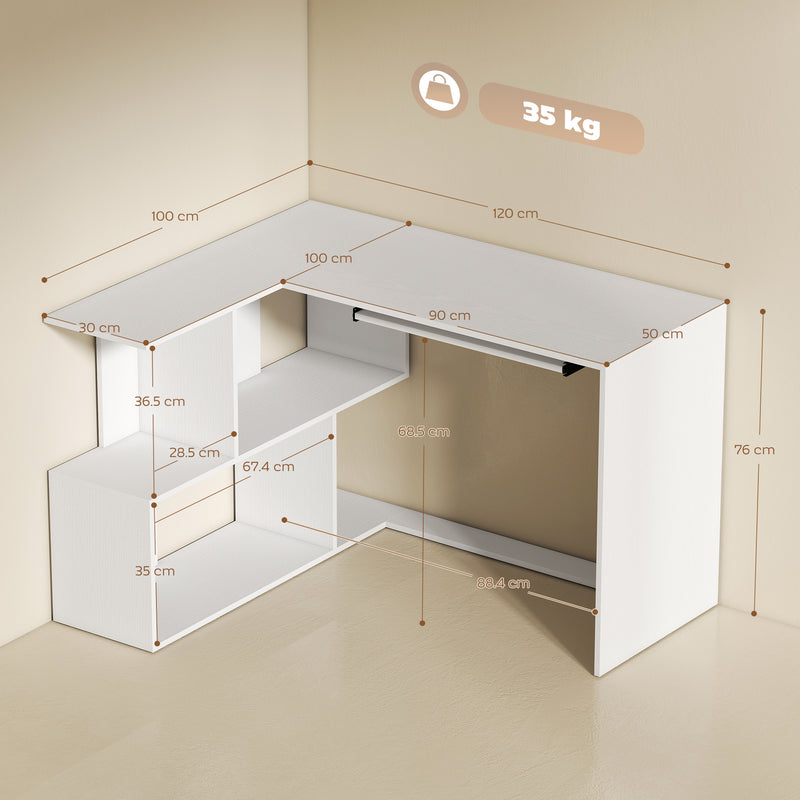 HOMCOM L-Shaped Corner Desk, Computer Desk with Keyboard Tray and Open Shelves, White Wood Effect – view 3