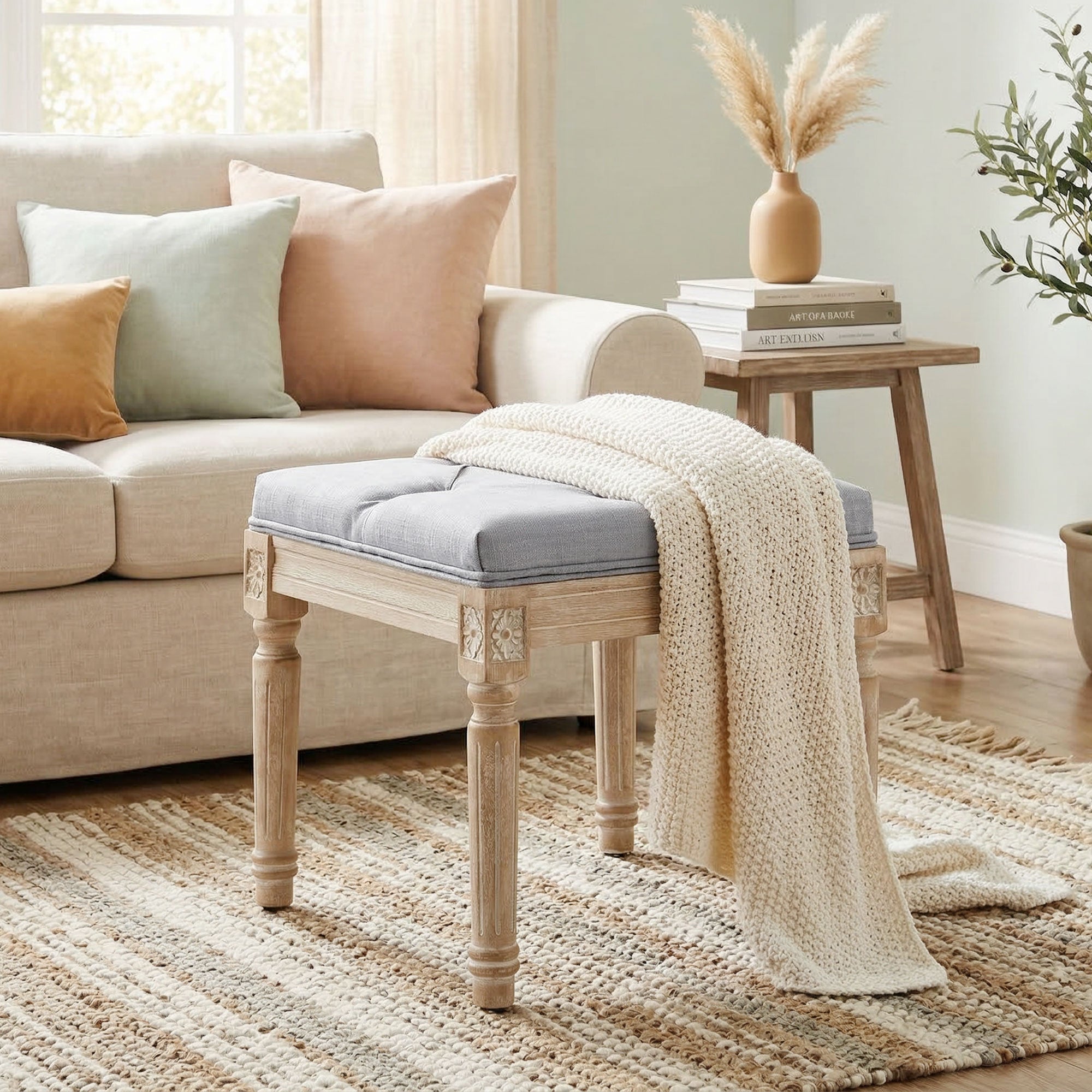 Vintage Foot Stool, Tufted Square Footrest with Wood Legs, Light Grey