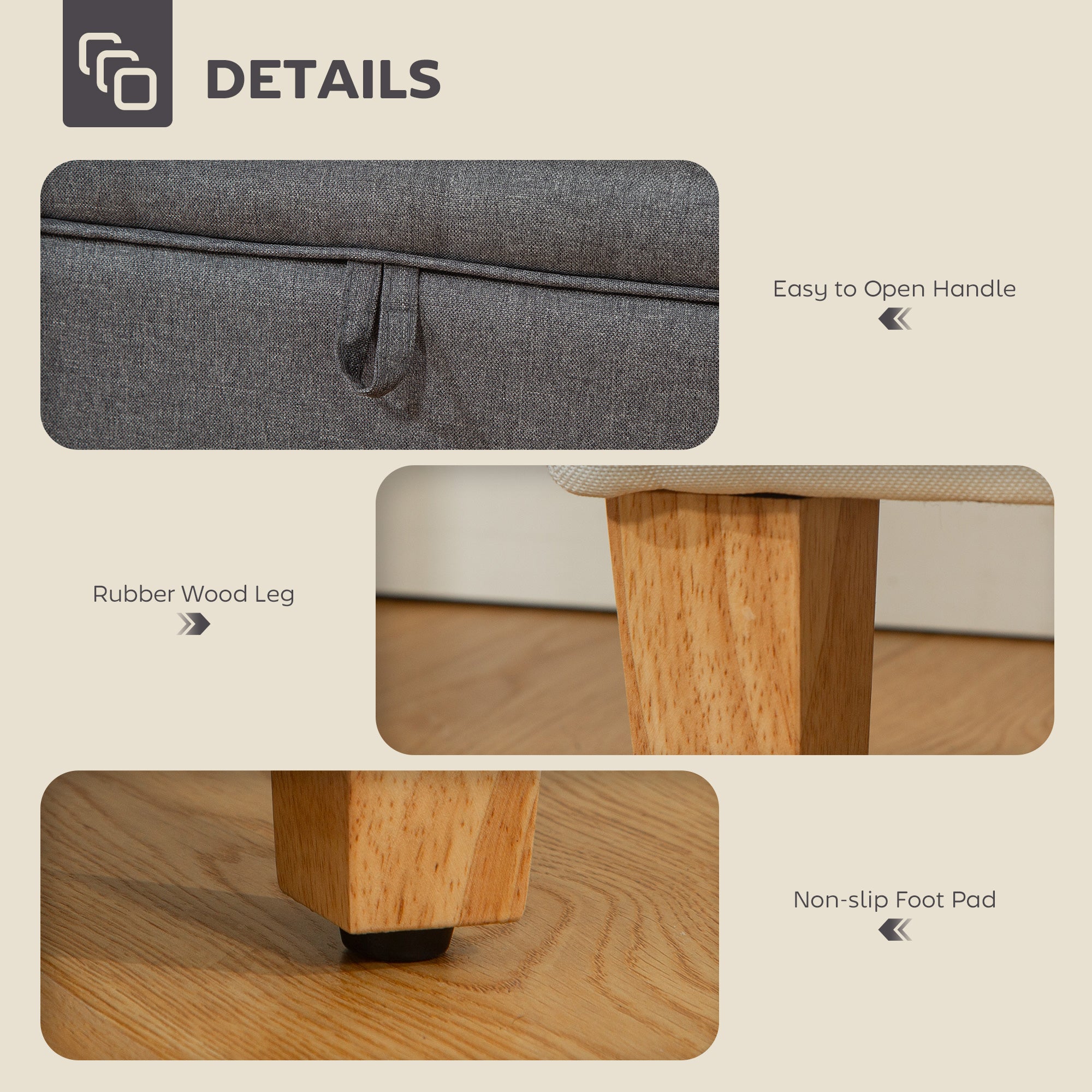 16L Linen Storage Ottoman Padded Footstool with Rubberwood Legs for Storage Box, Bed End, Shoe Bench, Seating, Charcoal Grey