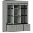 Light grey fabric wardrobe with two hanging rails, five shelves and three fabric drawers