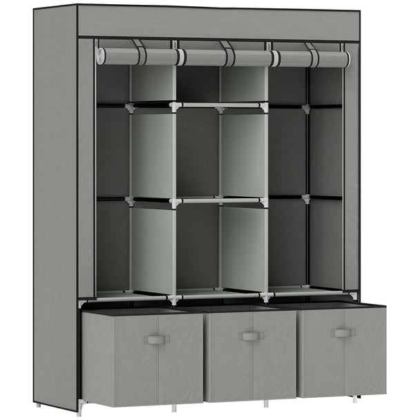 Light grey fabric wardrobe with two hanging rails, five shelves and three fabric drawers