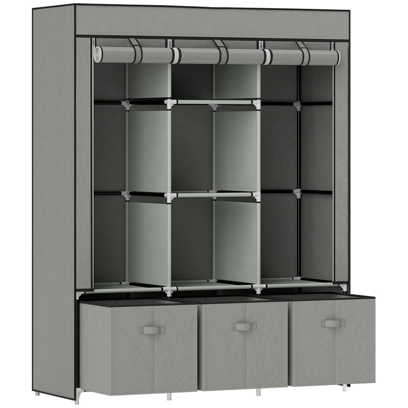 Light grey fabric wardrobe with two hanging rails, five shelves and three fabric drawers
