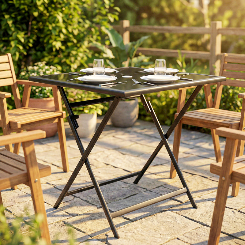 Folding glass top garden table black – image 9