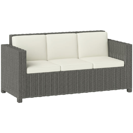 Light grey 3-seater rattan garden sofa with thick cream white cushions