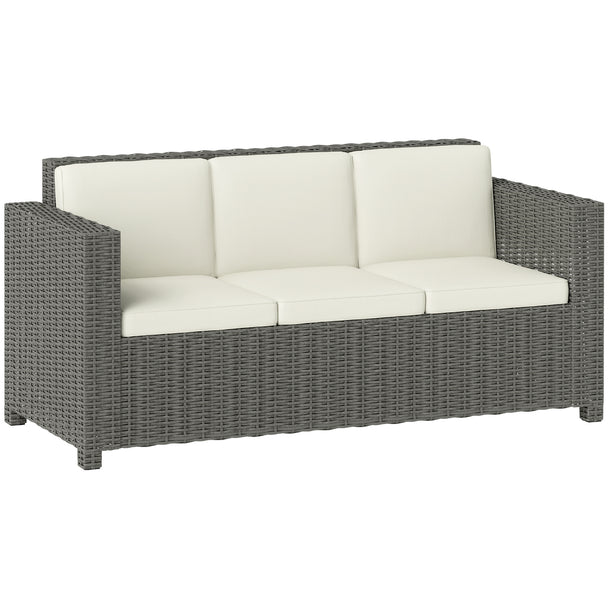 Light grey 3-seater rattan garden sofa with thick cream white cushions