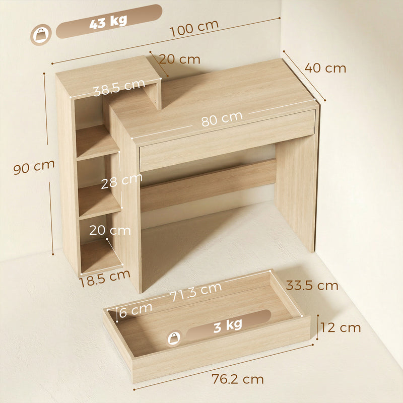 HOMCOM Desk with Storage, Computer Desk with 3 Open Shelves and Drawer, Workstation, Computer Table, Natural – view 3