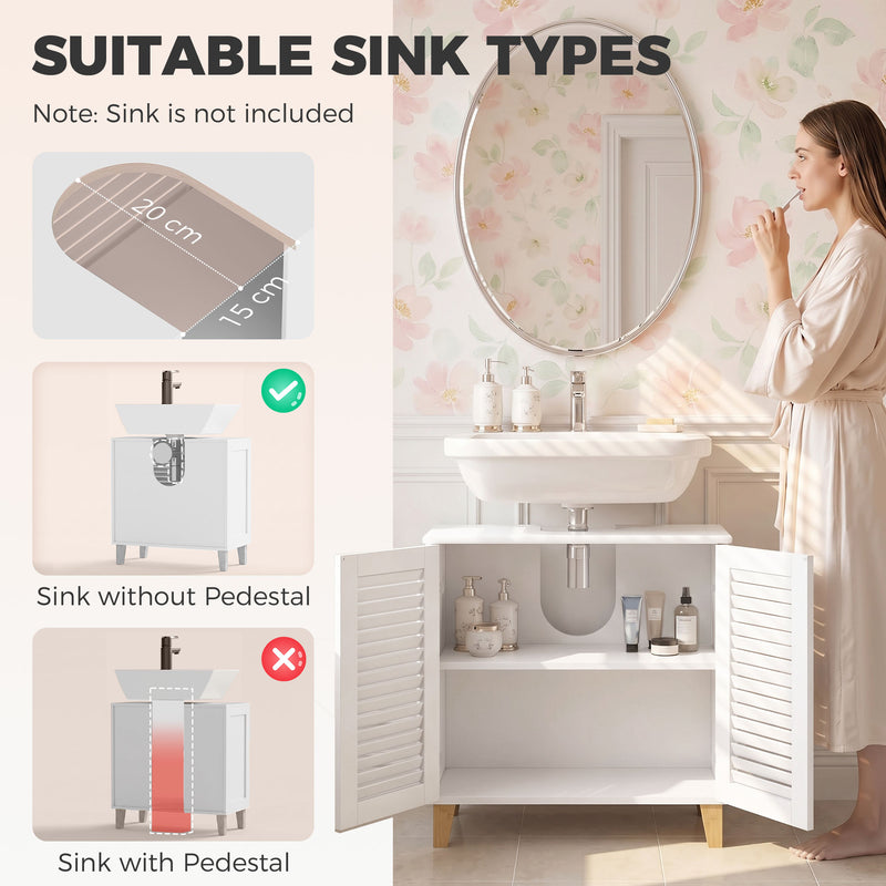 HOMCOM Under Sink Bathroom Cabinet Adjustable Shelf Under Sink Cabinet 2 Louvered Doors, White – view 4