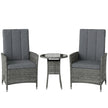 Outsunny Rattan Bistro Set, Reclining Garden Chairs and Glass Coffee Table with Cushions for Patio Balcony Porch, Grey