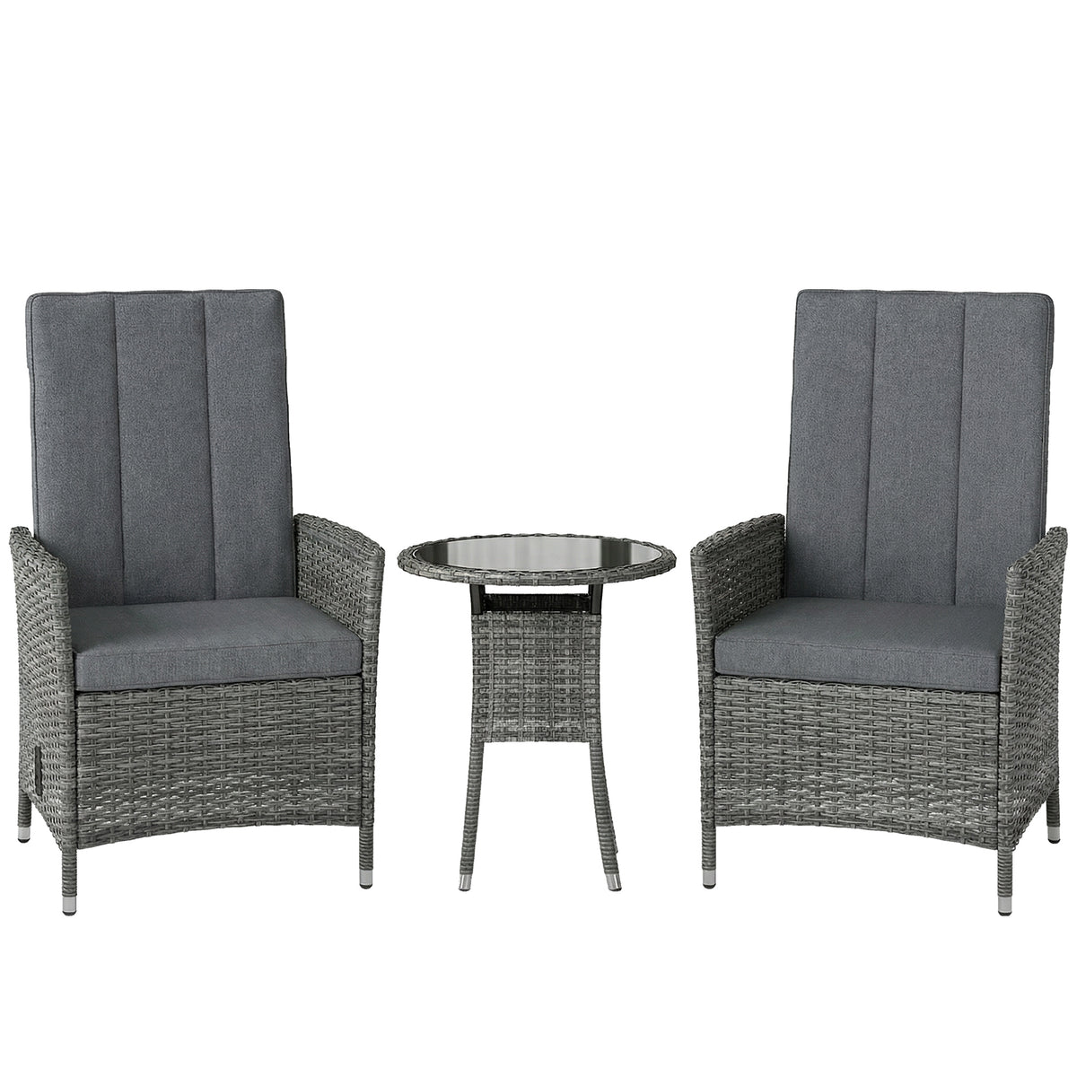 Outsunny Rattan Bistro Set, Reclining Garden Chairs and Glass Coffee Table with Cushions for Patio Balcony Porch, Grey