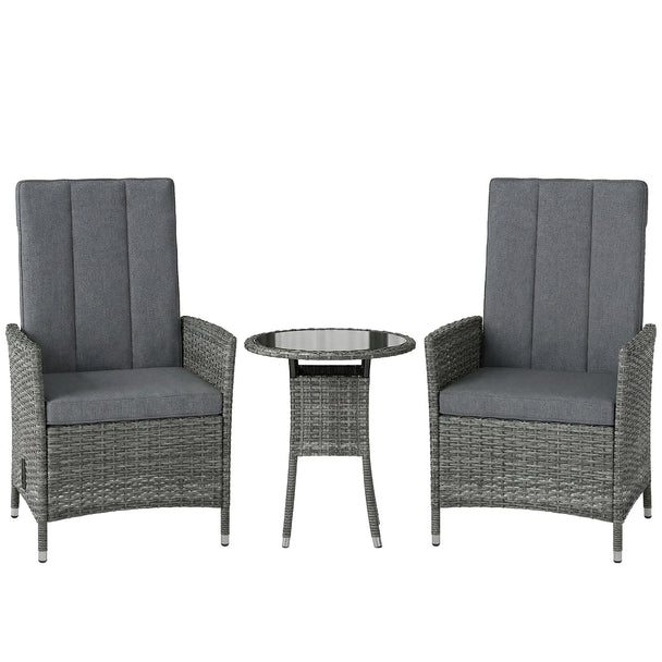Outsunny Rattan Bistro Set, Reclining Garden Chairs and Glass Coffee Table with Cushions for Patio Balcony Porch, Grey