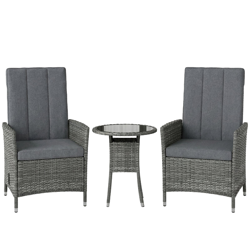 Outsunny Rattan Bistro Set, Reclining Garden Chairs and Glass Coffee Table with Cushions for Patio Balcony Porch, Grey