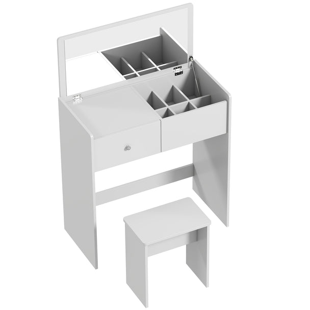 White 2-in-1 dressing table with flip-up mirror, storage compartments and matching stool
