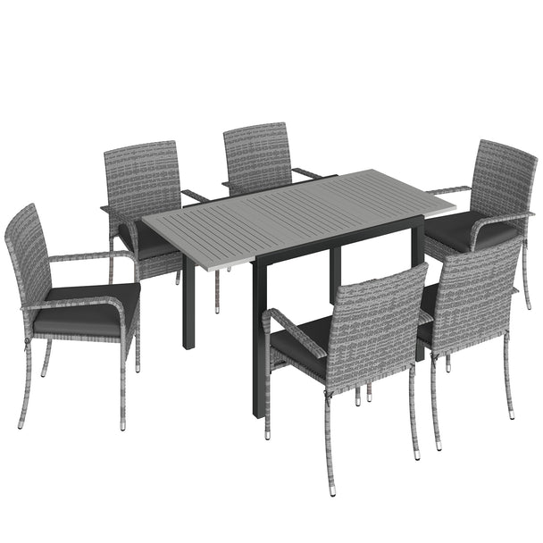 6-seater dark grey PE rattan garden dining set with extendable acacia wood table and six light grey-cushioned stackable armchairs