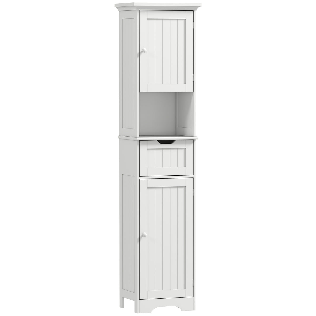 Tall slim white bathroom cabinet with motion-sensor LED lights, drawer and open shelf