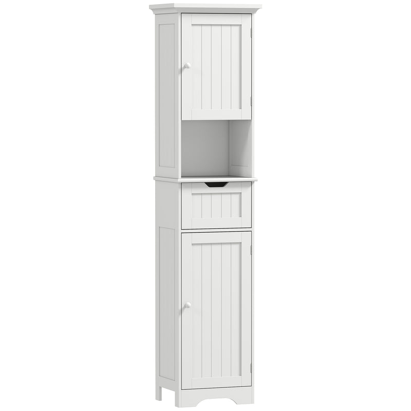 Tall slim white bathroom cabinet with motion-sensor LED lights, drawer and open shelf