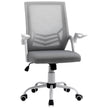 Grey mid-back mesh office chair with flip-up armrests, curved lumbar support and five castor wheels