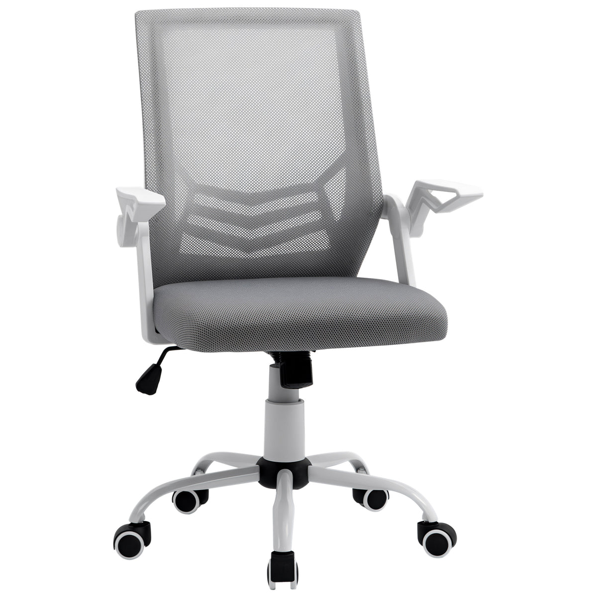 Grey mid-back mesh office chair with flip-up armrests, curved lumbar support and five castor wheels