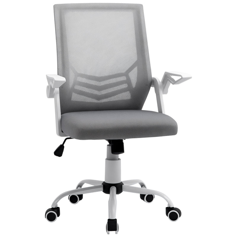 Grey mid-back mesh office chair with flip-up armrests, curved lumbar support and five castor wheels