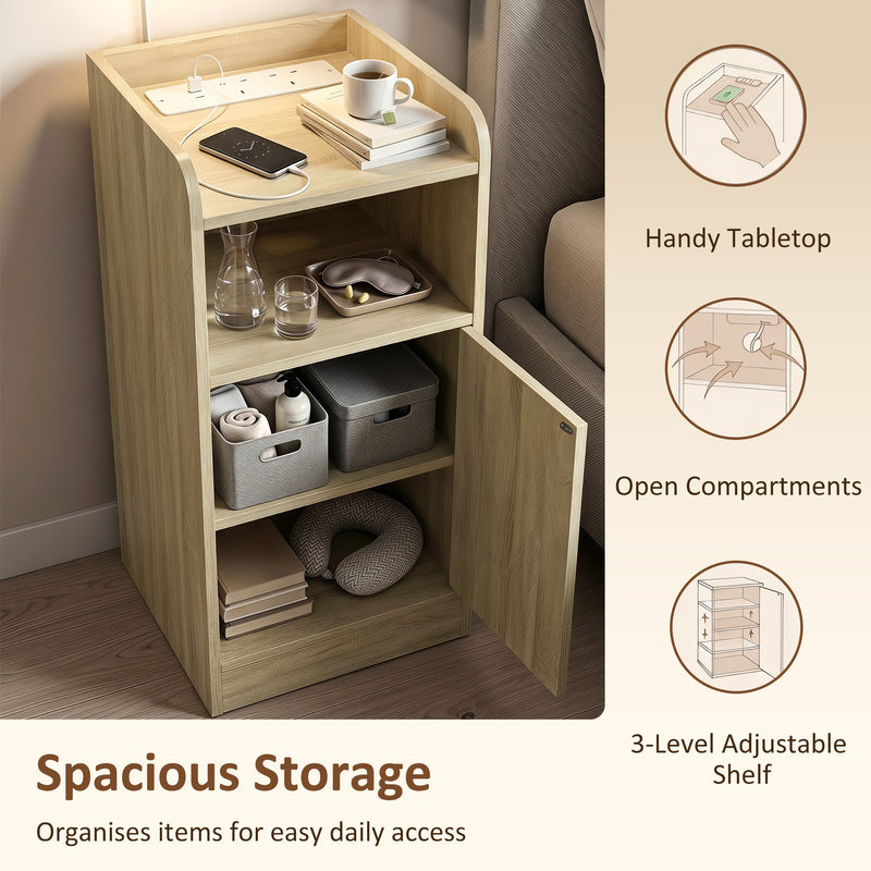 HOMCOM Slim Bedside Table Set of 2 with Charging Station, Narrow Bedside Cabinet with Adjustable Shelf, Oak – view 6