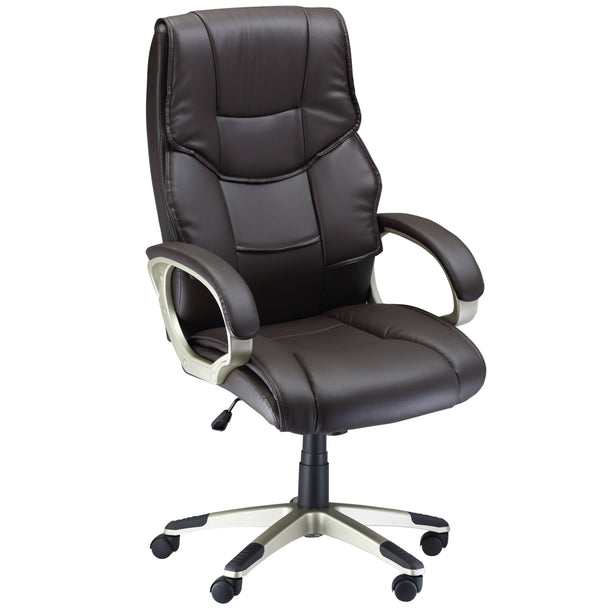 Brown faux leather high-back office chair with thick padding, fixed armrests and five-wheel base