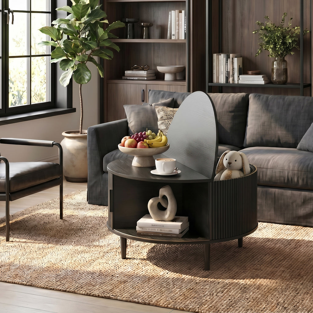 Coffee Table with Lift Top and Hidden Storage, Round Centre Table with Fluted Sliding Door, 80 cm, Black Wood Effect