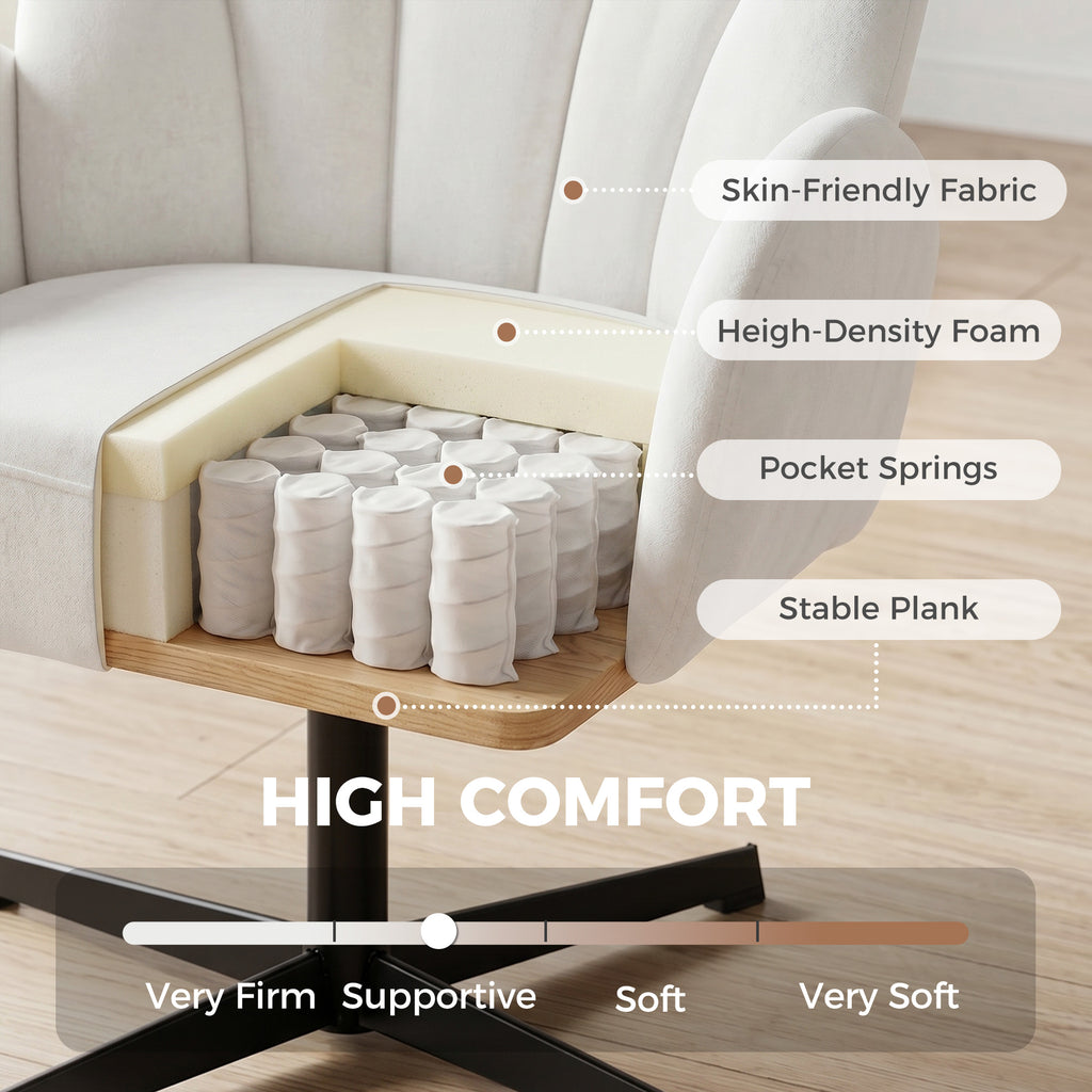 Swivel Accent Chair, Shell-Shaped Armchair with Spring Cushion, Metal Base, Cream White