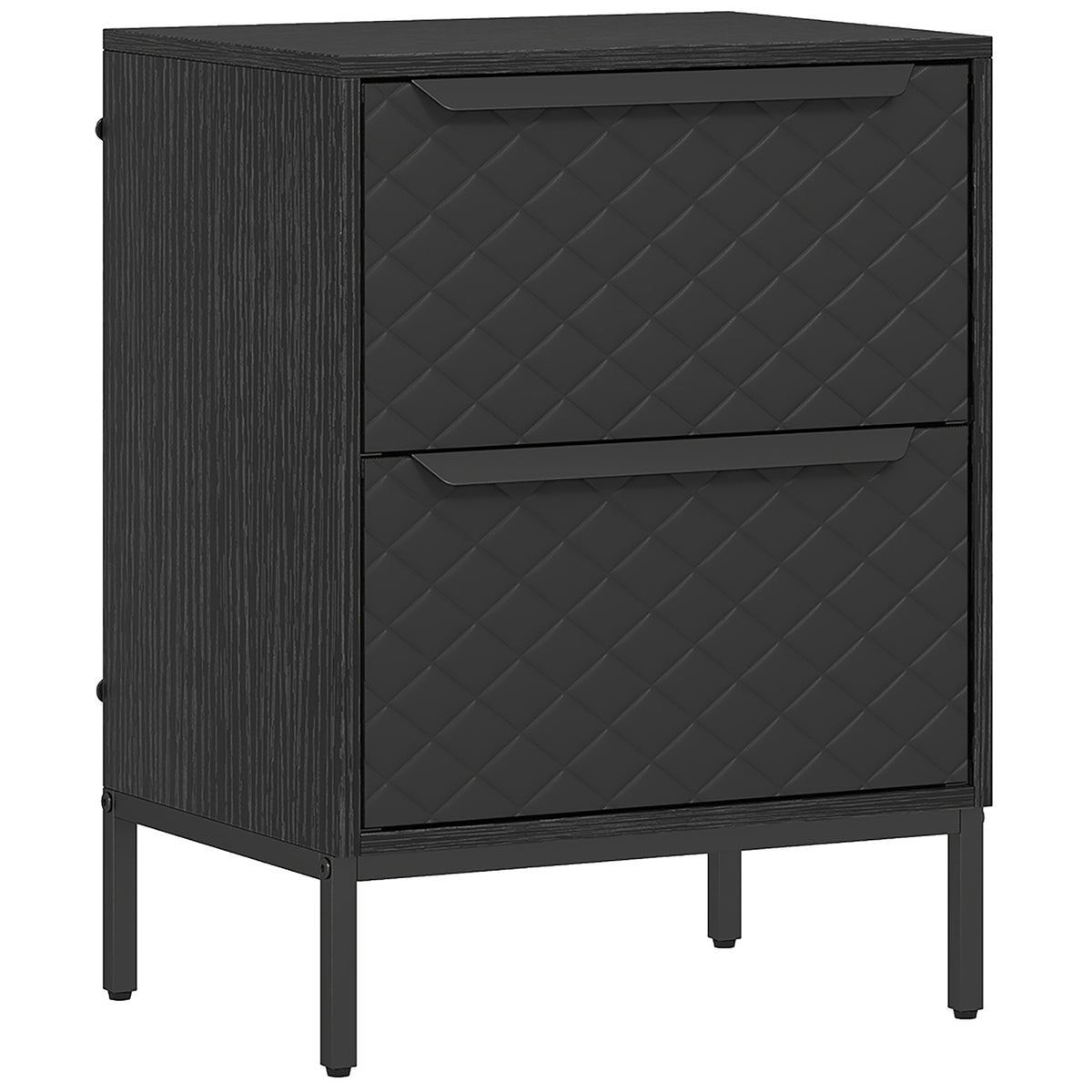 Black 2-drawer fabric bedside chest with diamond-stitched fronts and aluminium handles