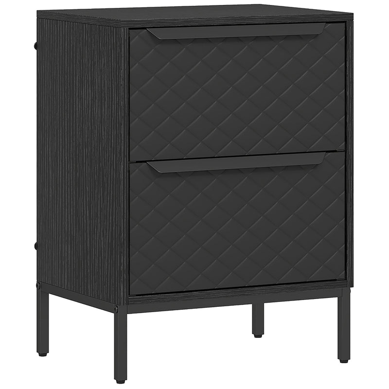 Black 2-drawer fabric bedside chest with diamond-stitched fronts and aluminium handles