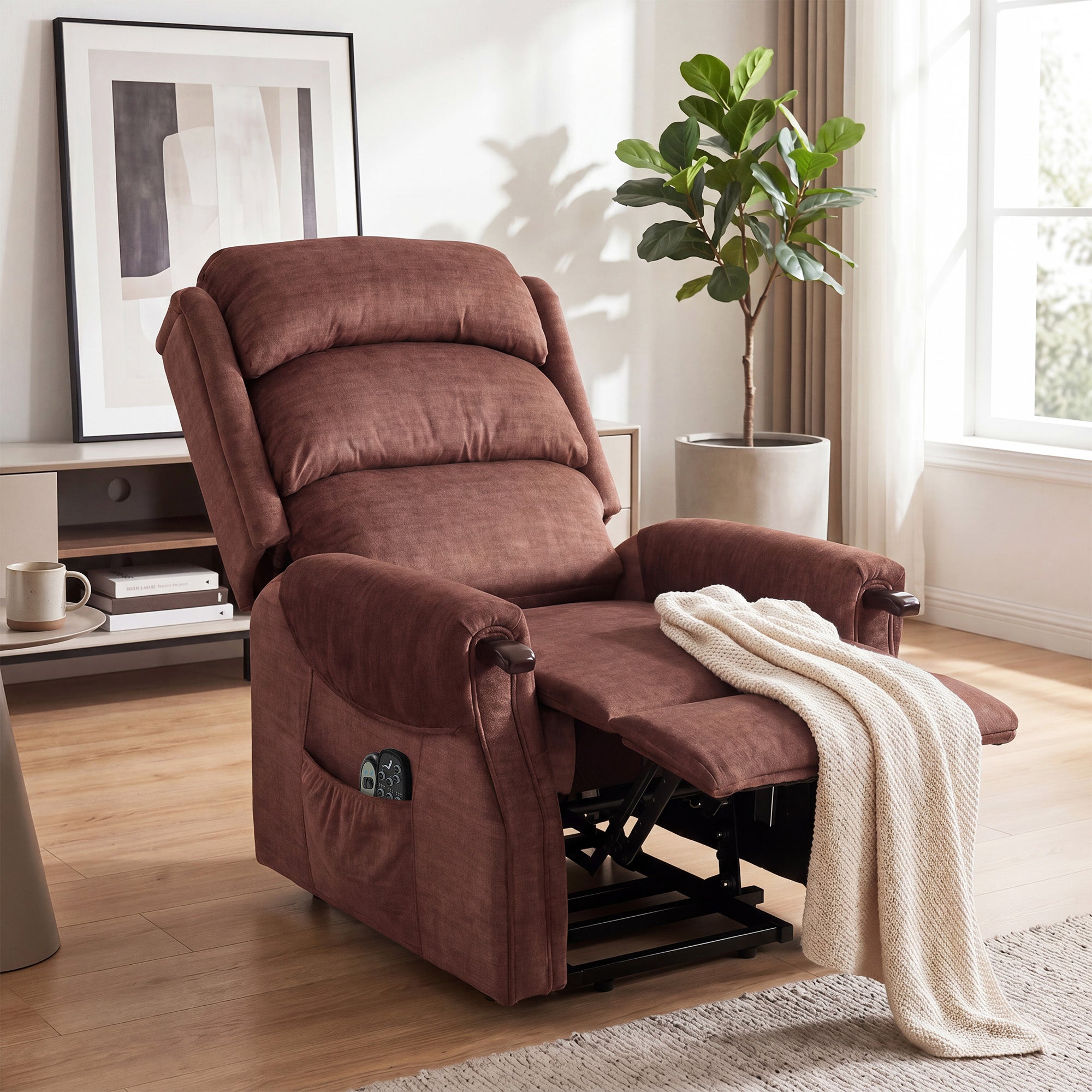 Power Lift Recliner with Vibration Massage and Heat, Lift Chair for Tall with Wood Grip, Pocket Spring, Brown