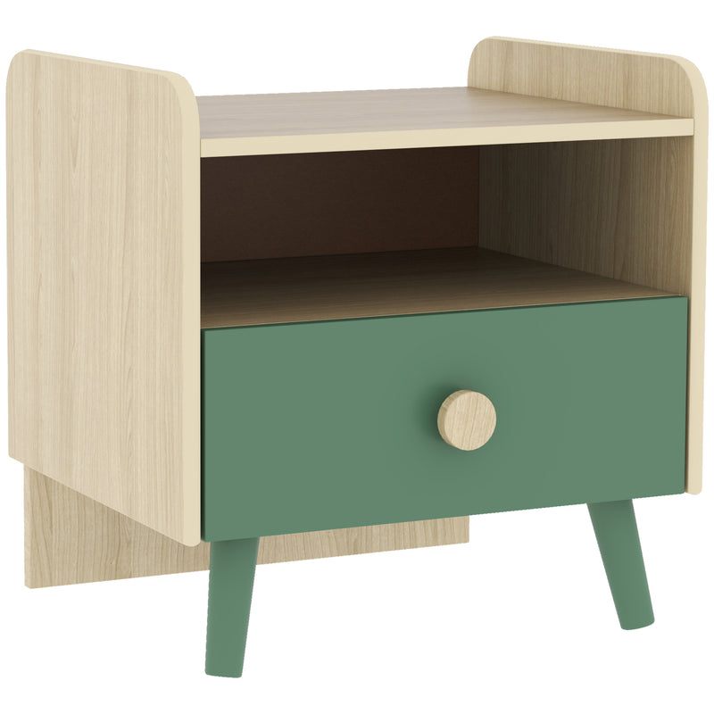 Green kids bedside table with drawer, open shelf and pine legs