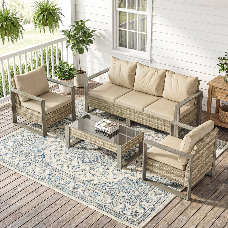 Outsunny 4 Piece Rattan Garden Furniture Set with 3-Seater Sofa, Armchairs, Table, Aluminium Frame Patio Conversation – view 10