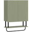 Green wall-mounted bathroom cabinet with wavy double doors, open shelf and towel rail
