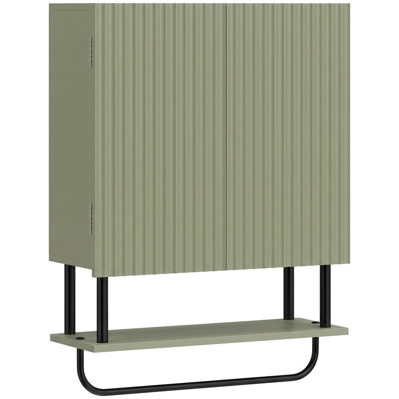 Green wall-mounted bathroom cabinet with wavy double doors, open shelf and towel rail