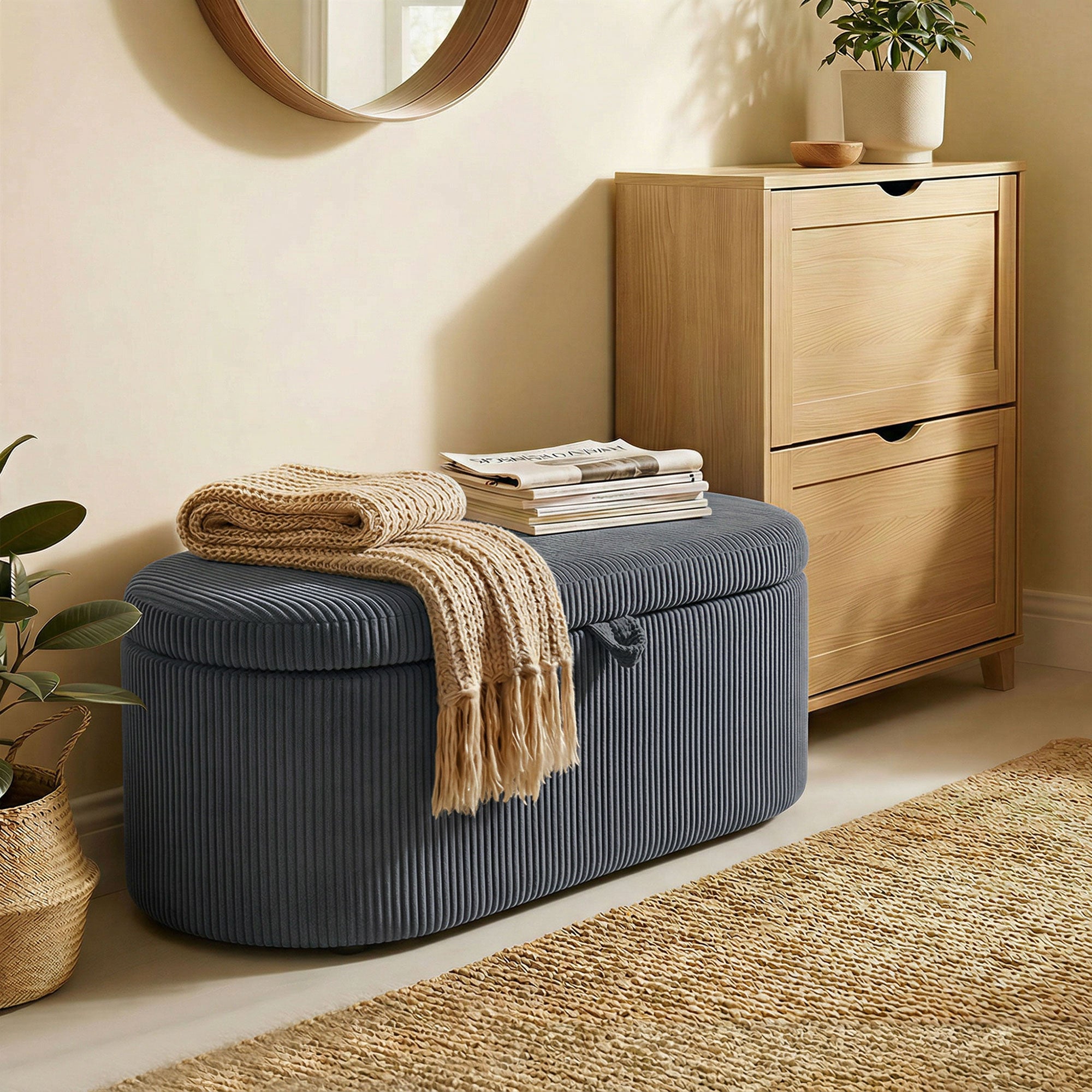 Storage Ottoman, Corduroy Upholstered Ottoman Storage Box with Padded Seat, 105 x 51 x 49 cm, Dark Grey