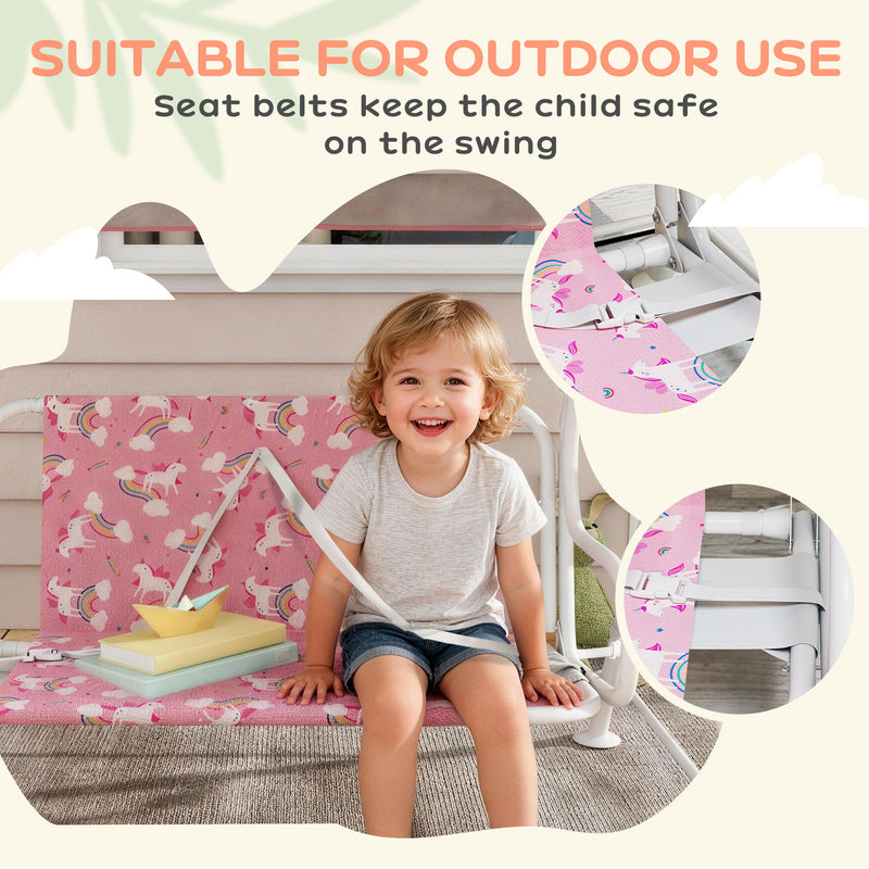 AIYAPLAY Kids Porch Swing, 2-Seater Patio Swing Bench Hammock with Seat Belts, Adjustable Canopy for Garden, Pink – view 8